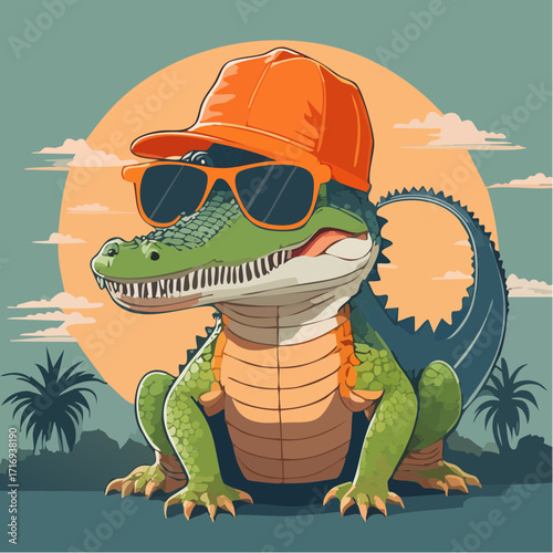 Crocodile amusant, casquette et lunette de soleil oranges
