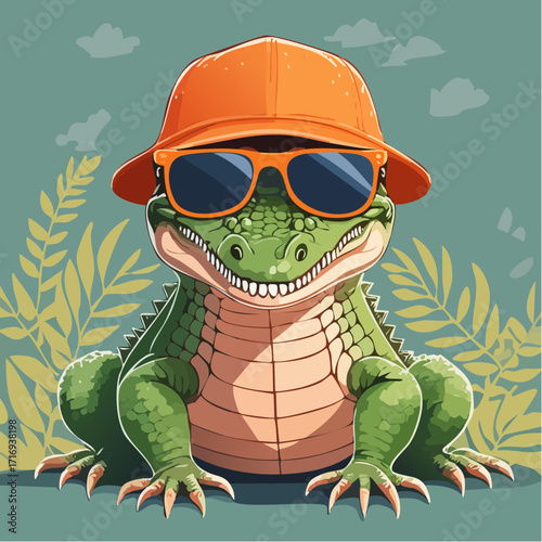 Crocodile amusant, casquette et lunette de soleil oranges