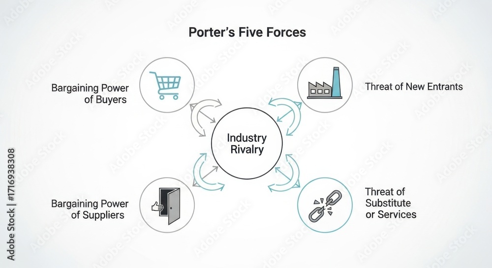 Fototapeta premium Porter's Five Forces diagram for business strategy and market competition analysis