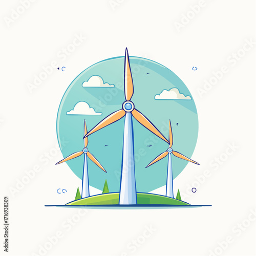 Eoliennes, fond clair uni, nuages, verdure, écologie