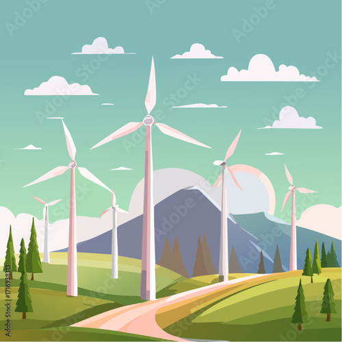 Parc éolien en pleine nature, vallée, montagne, énergie renouvelable, écologie, éoliennes