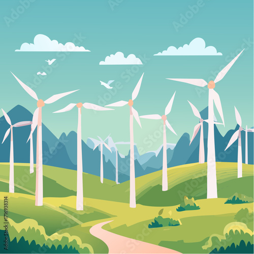 Parc éolien en pleine nature, vallée, montagne, énergie renouvelable, écologie, éoliennes