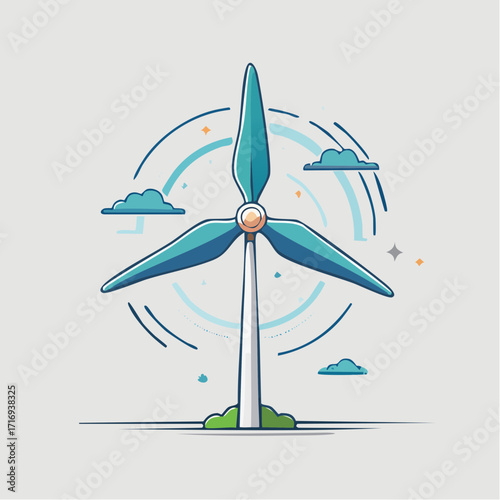 Eolienne, fond clair uni, nuages, verdure, écologie