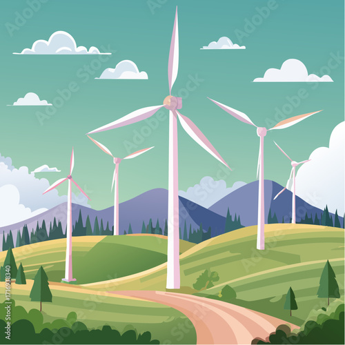 Parc éolien en pleine nature, vallée, montagne, énergie renouvelable, écologie, éoliennes