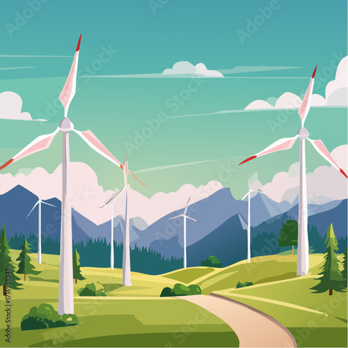 Parc éolien en pleine nature, vallée, montagne, énergie renouvelable, écologie, éoliennes