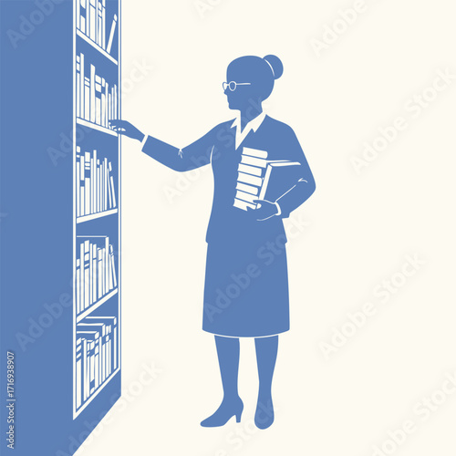 Silhouette of a professional woman selecting books from a tall bookshelf while holding multiple books in her arm