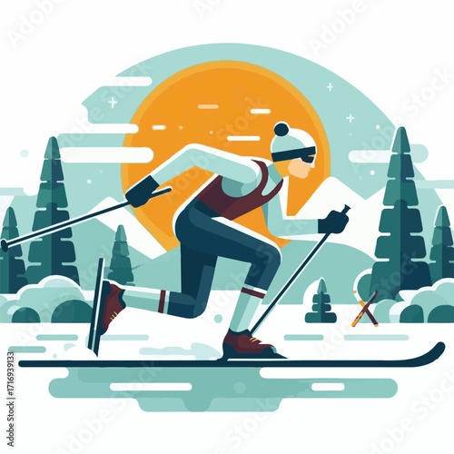 sport, biathlon, competition, winter, vector, snow, illustration, ski, athlete, skier, isolated, speed, man, action, background, activity, equipment, white, healthy, design, active, person, race, icon
