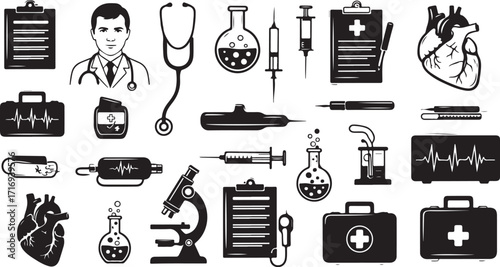 Medical instruments and doctor collection icons