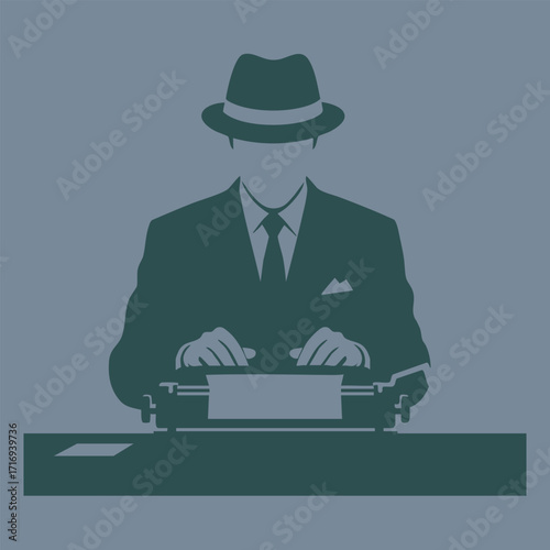 Silhouette of a mysterious man in a suit and fedora hat typing on a vintage typewriter at a desk