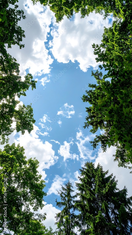 Obraz premium Looking up at a bright sky through trees