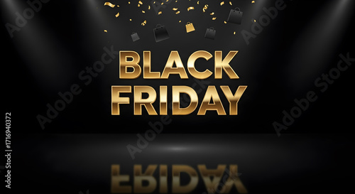 Luxurious Black Friday sale banner with golden text, confetti, and shopping bags, dramatic lighting.