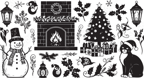 Christmas icons snowman tree fireplace cat lanterns