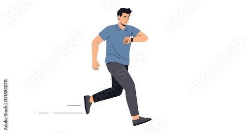 Man in blue shirt running and checking his smartwatch on a white background.
