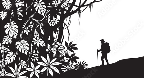 Silhouette hiker explores dense jungle