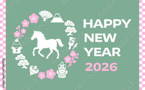 Japanese New Year Card Design with Zodiac Horse and Icons (Green & Pink)