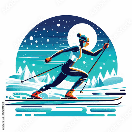 sport, biathlon, competition, winter, vector, snow, illustration, ski, athlete, skier, isolated, speed, man, action, background, activity, equipment, white, healthy, design, active, person, race, icon