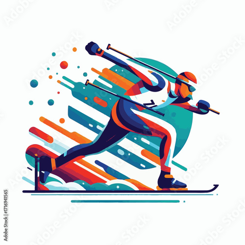 sport, biathlon, competition, winter, vector, snow, illustration, ski, athlete, skier, isolated, speed, man, action, background, activity, equipment, white, healthy, design, active, person, race, icon