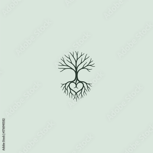 Tree with heart shaped roots line art minimalist logo design.