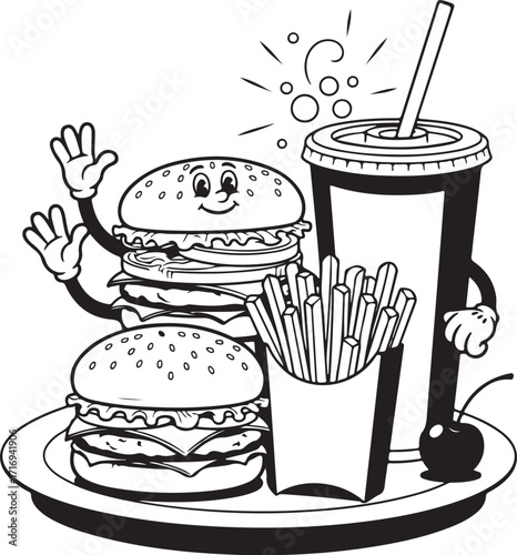 Cartoon burger fries drink happy meal