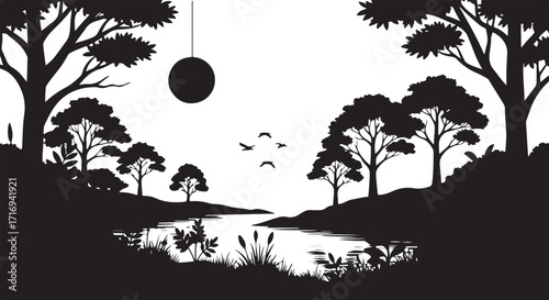 Silhouette nature landscape river birds sun