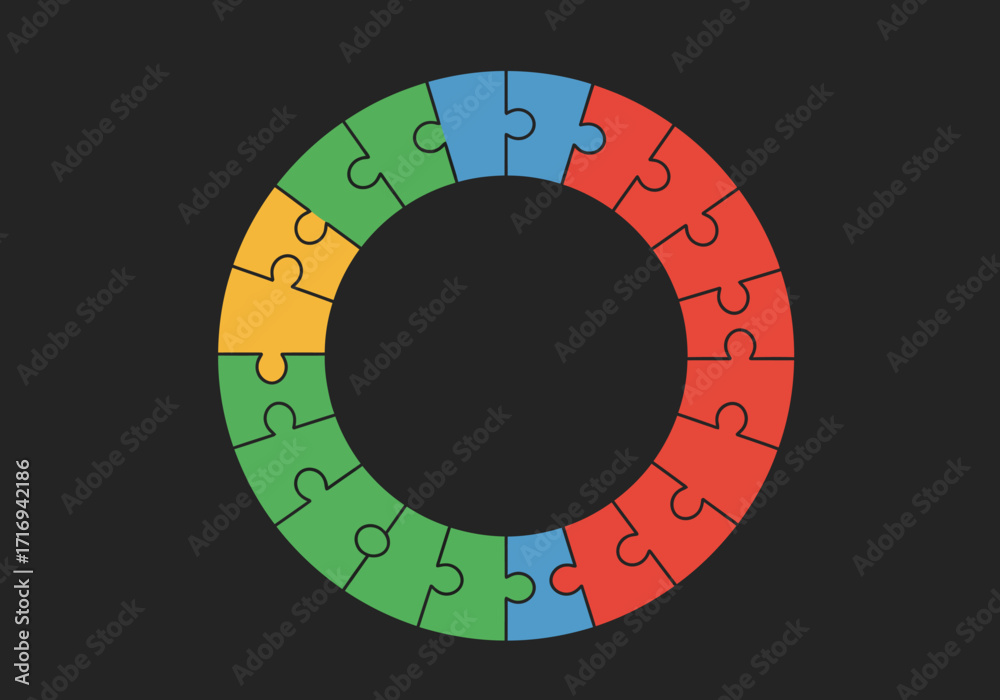 Naklejka premium Circular Puzzle Ring with Colorful Pieces on Dark Background.