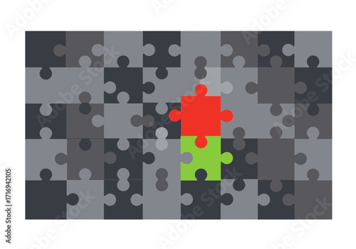 Assembled Puzzle with Red and Green Pieces Among Gray.