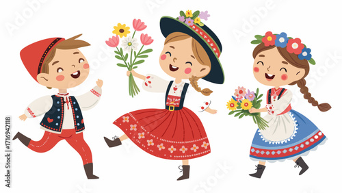 Joyful children in traditional folk costumes with flowers celebrate spring festival fun times!