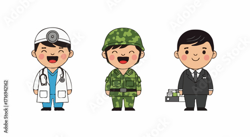 Diverse cute cartoon professions featuring a doctor, soldier, and businessman smiling brightly