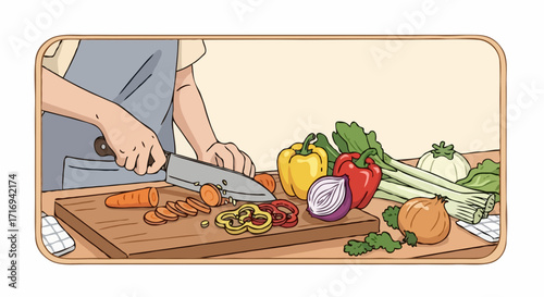 Person slicing vibrant vegetables on wooden board, preparing healthy meal for family dinner