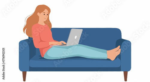 vector illustration of a girl relaxes on sofa with laptop in flat art style