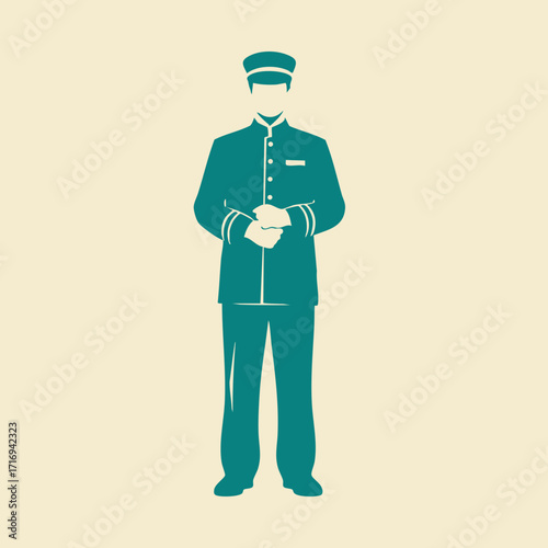 Silhouette of a uniformed hotel bellhop standing with hands clasped in front against a plain background