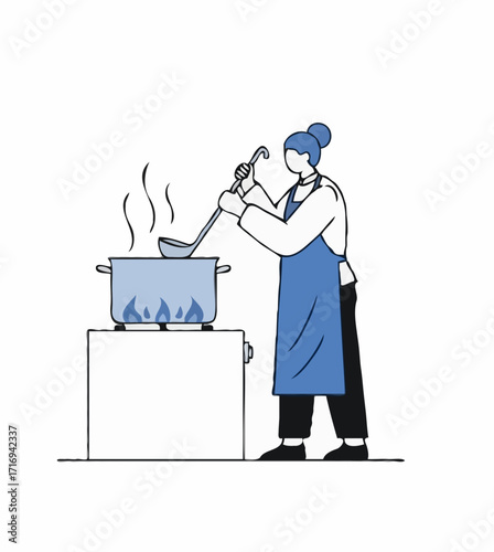 vector illustration of a woman stirring pot in simple and flat art style isolated in white background