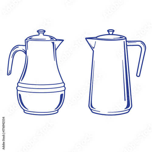 Simple vector illustration of two coffee pots in a blue line art style