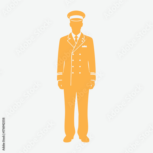 Silhouette of a uniformed pilot standing upright wearing a double-breasted jacket and peaked cap in orange