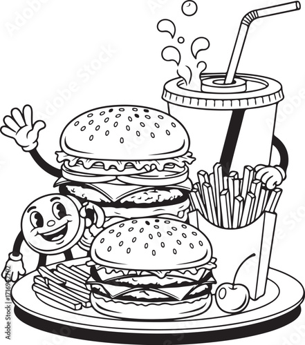 Happy fast food characters and meal