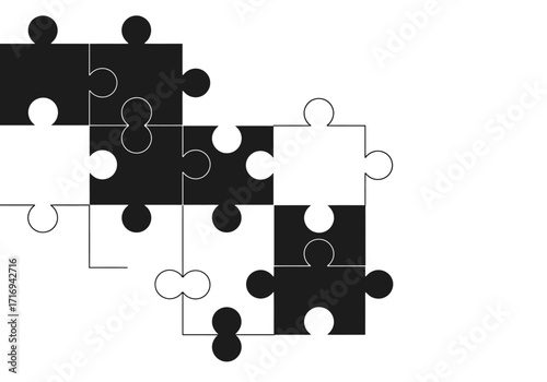 Incomplete Black and White Jigsaw Puzzle with Missing Pieces.