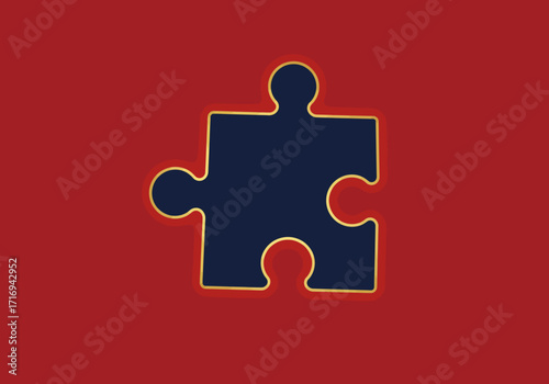 Isolated Dark Blue Puzzle Piece with Golden Outline on Red Background.