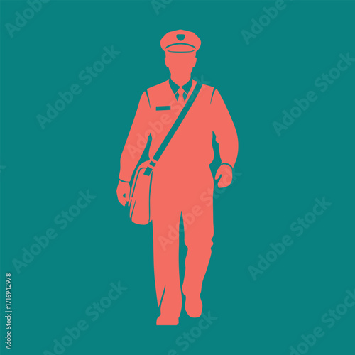 Silhouette of a postal worker walking with a messenger bag wearing uniform and cap on a solid teal background