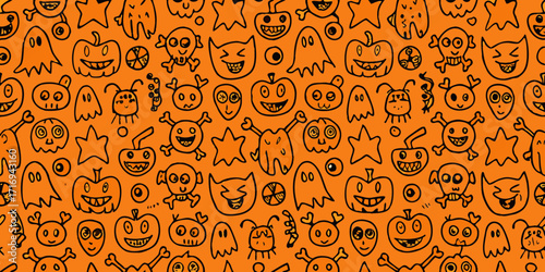 Whimsical halloween doodle pattern featuring pumpkins ghosts skulls cats and stars on an orange background