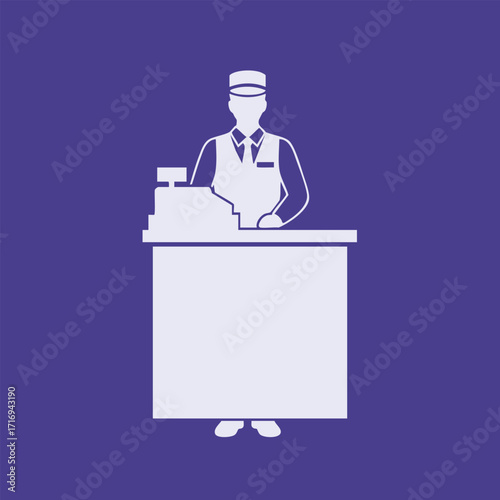 Illustration of a uniformed service worker standing behind a counter with a cash register on a solid purple background