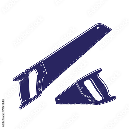 Two blue hand saws isolated on a white background representing construction and carpentry