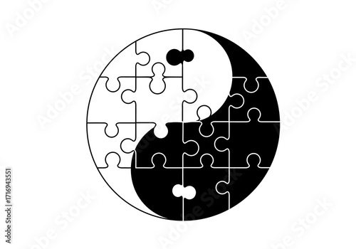 Yin Yang Symbol Constructed from Interlocking Jigsaw Puzzle Pieces.