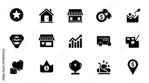 Business icons set growth success finance shop home.