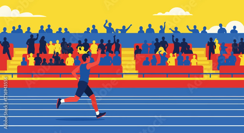 A lone male athlete sprints on a track, waving to an enthusiastic crowd cheering from vibrant stadium bleachers under a bright sky.