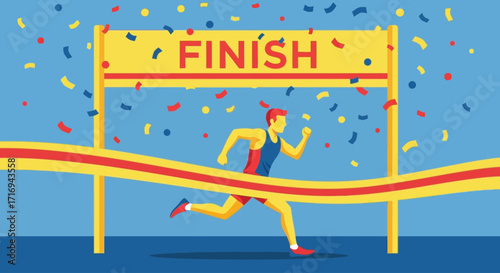 A determined runner bursts through the finish line tape amidst a celebratory shower of colorful confetti, signifying the triumphant conclusion of a sporting event.