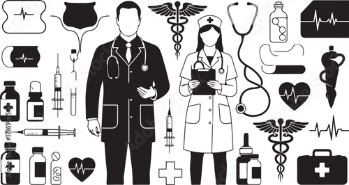 Medical professionals and healthcare symbols set