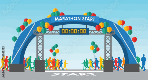 A vibrant illustration depicts a marathon start line with a large blue archway adorned with colorful balloons, a digital timer displaying 00:00:00, and a cro...