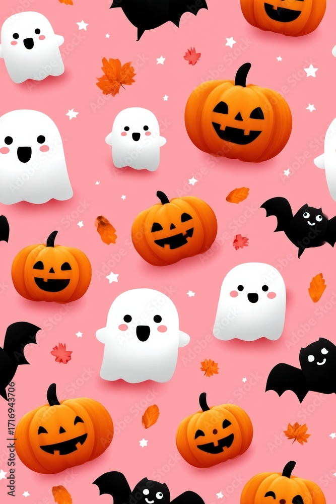Obraz premium Cute Halloween Pattern with Ghosts, Pumpkins, Bats, and Leaves