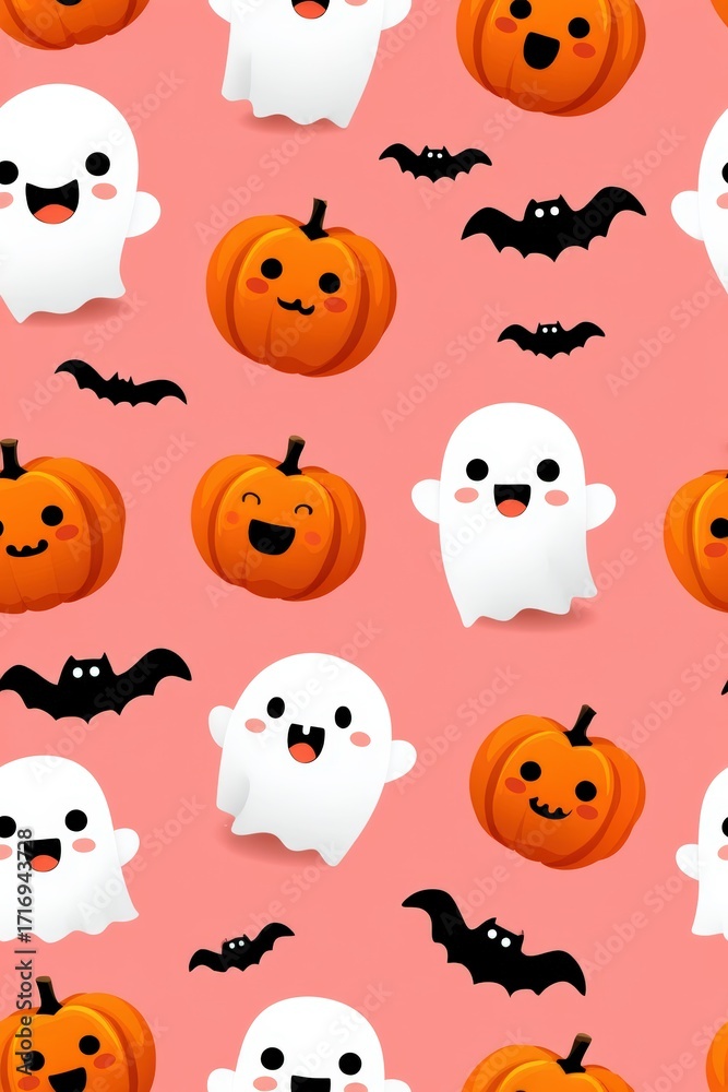 Fototapeta premium Cute Halloween Pattern with Ghosts, Pumpkins and Bats on Pink Background