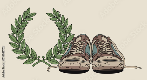 Illustration depicts worn sneakers, positioned next to a laurel wreath, symbolizing achievement.